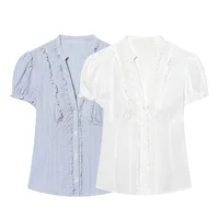 2026 new women's fashion casual sweet slim fit bubble sleeves layered decoration poplin shirt top