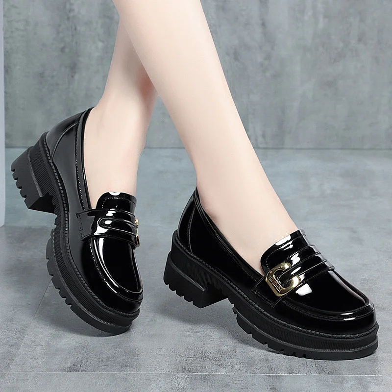 Women 2024 Spring Autumn Deep Mouth High Heels Loafers Patent Leather Chunky Platform Pumps Slip On Black Office Mary Jane Shoes - Image 4