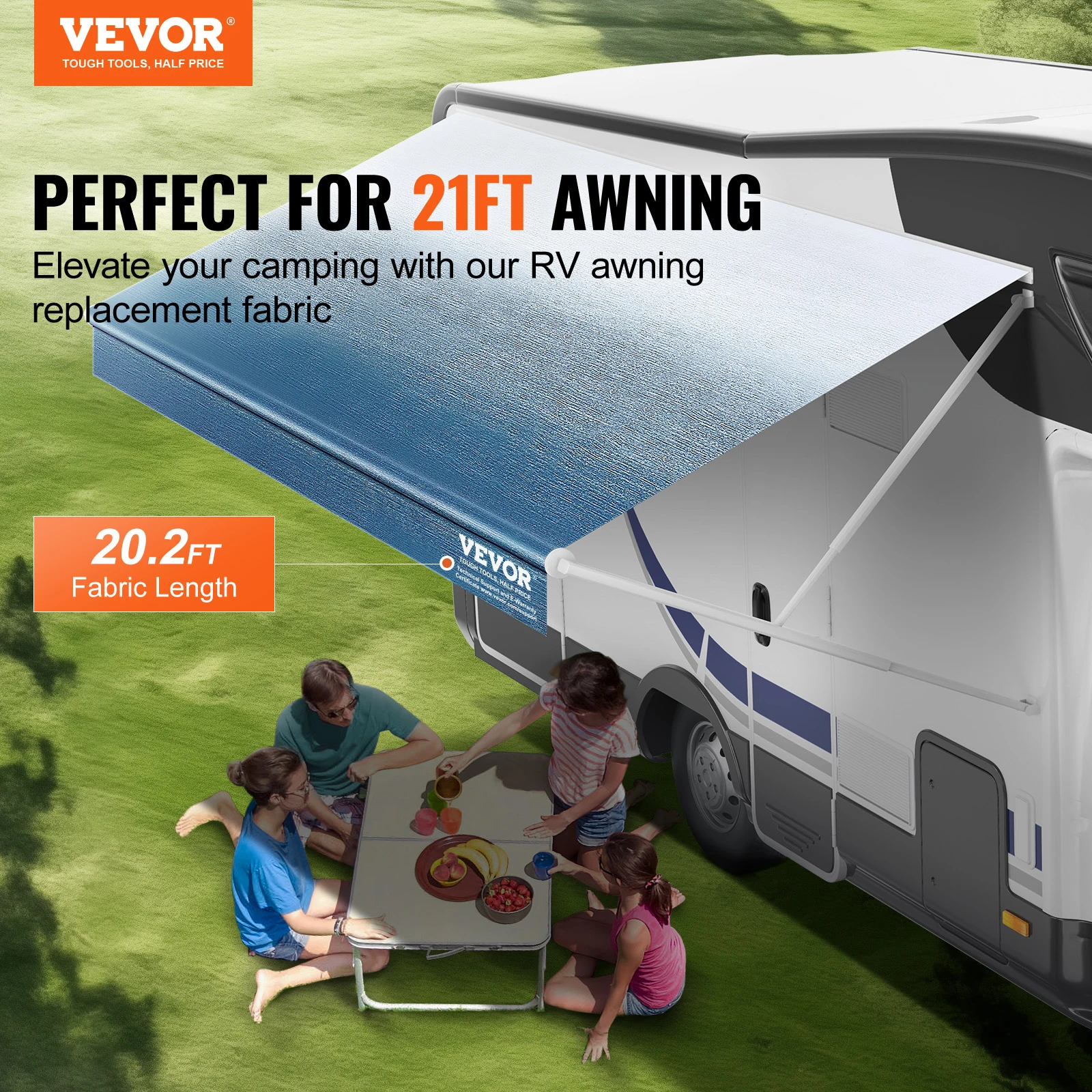 VEVOR RV Awning Fabric Replacement 20'2" Fabric Length for 21' Awning Heavy Duty 3-Ply 16oz PVC Camper Waterproof