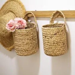 Garden Plant Flower Pot Handmade Rattan Storage Basket Foldable Seagrass Straw Hanging Woven Handle Toy Storage Container 1Pc