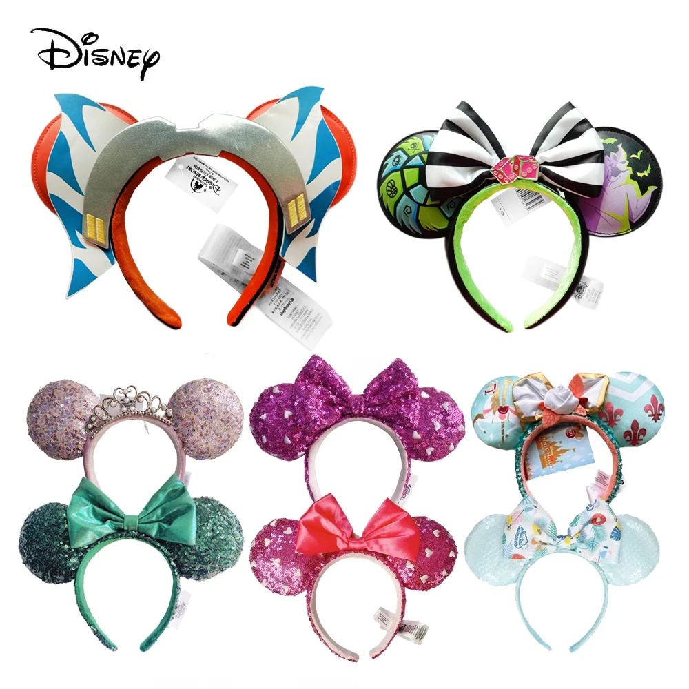 Disney Mickey Minnie Ear Headband Big Bow PU Mouse Ear Plush Ball Headband Cartoon Festival Party Cosplay Plush Adult/Kids