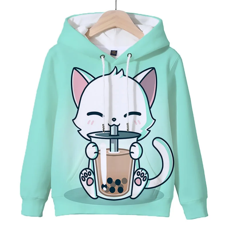 

Multicolor Cute Cat Drinking Milk Tea Clothes Tops Harajuku Hoodie Fun Cartoon Kawaii Boba Tea Pullovers Boys Girls Sweatshirts