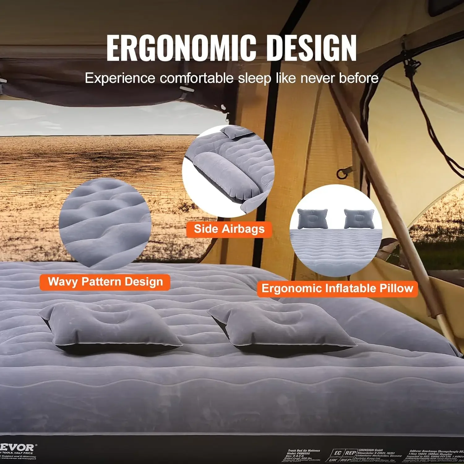Truck Bed Air Mattress, for 6-6.5 ft Full Size Truck Beds, Inflatable Air Mattress Bed with 12V Air Pump 2 Pillows 6