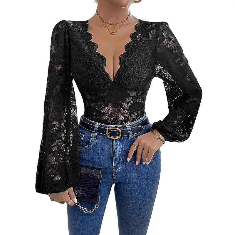 Tight Sexy Long Sleeve V-neck Lace Onesie Polyester Women Jumpsuit Roupas Femininas Sexyropa De Mujer Rompers For Women