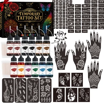 EYIR Kit di 12 Colori di Pasta per Tatuaggi all'Henné, Inchiostro Temporaneo per Body Art con Stencil per Mani, Modelli Floreali e Mandala, Set per Pittura Fai-da-Te