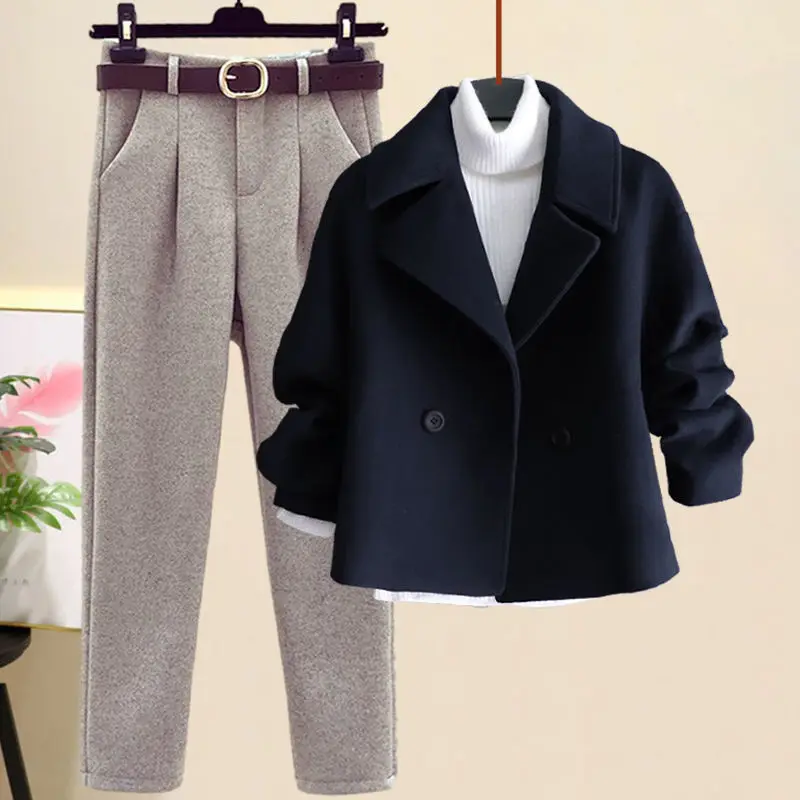 Women's Winter New in Matching Set Korean Elegant Woolen Coat+Half High Collar Bottom Sweater+Pants 3 Piece Suit Female Clothing
