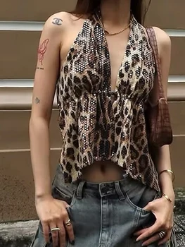 Weird Puss Leopard Sequins Women Vest Y2K Backless Halter V-Neck Lace-Up Sleeveless Street Skinny Wild Summer Trend Tank Tops 1