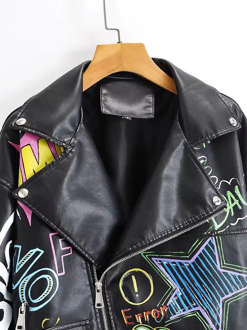 女性のためのイミテーションレザージャケット,グラフィティプリントの