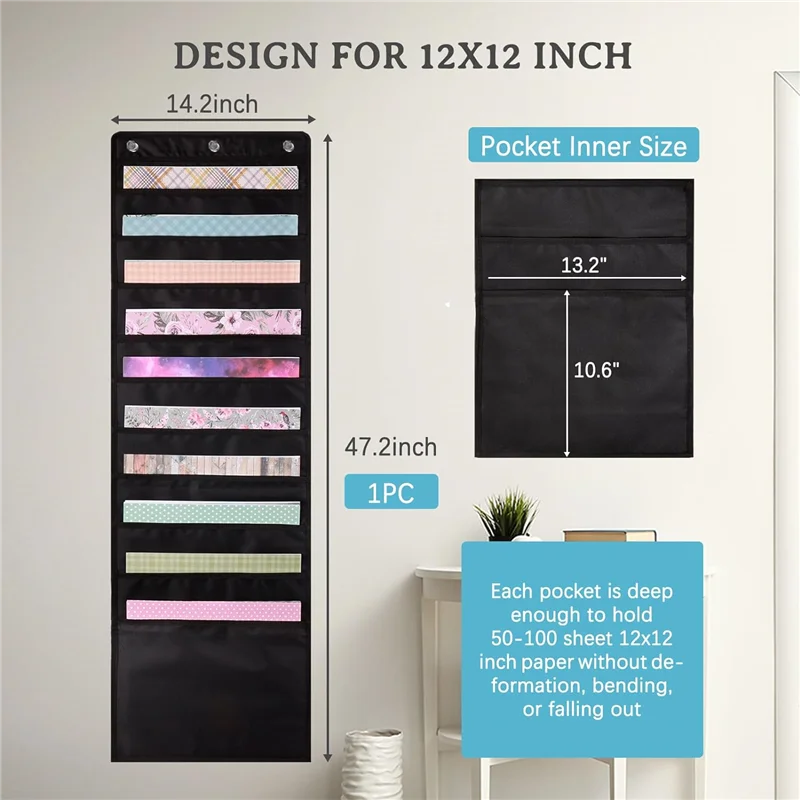 Hanging Paper Storage Pocket, 12 X 12 Inch Paper Storage With 3 Pieces Hanging Hooks For Holding Scrapbook, Cardstock Durable