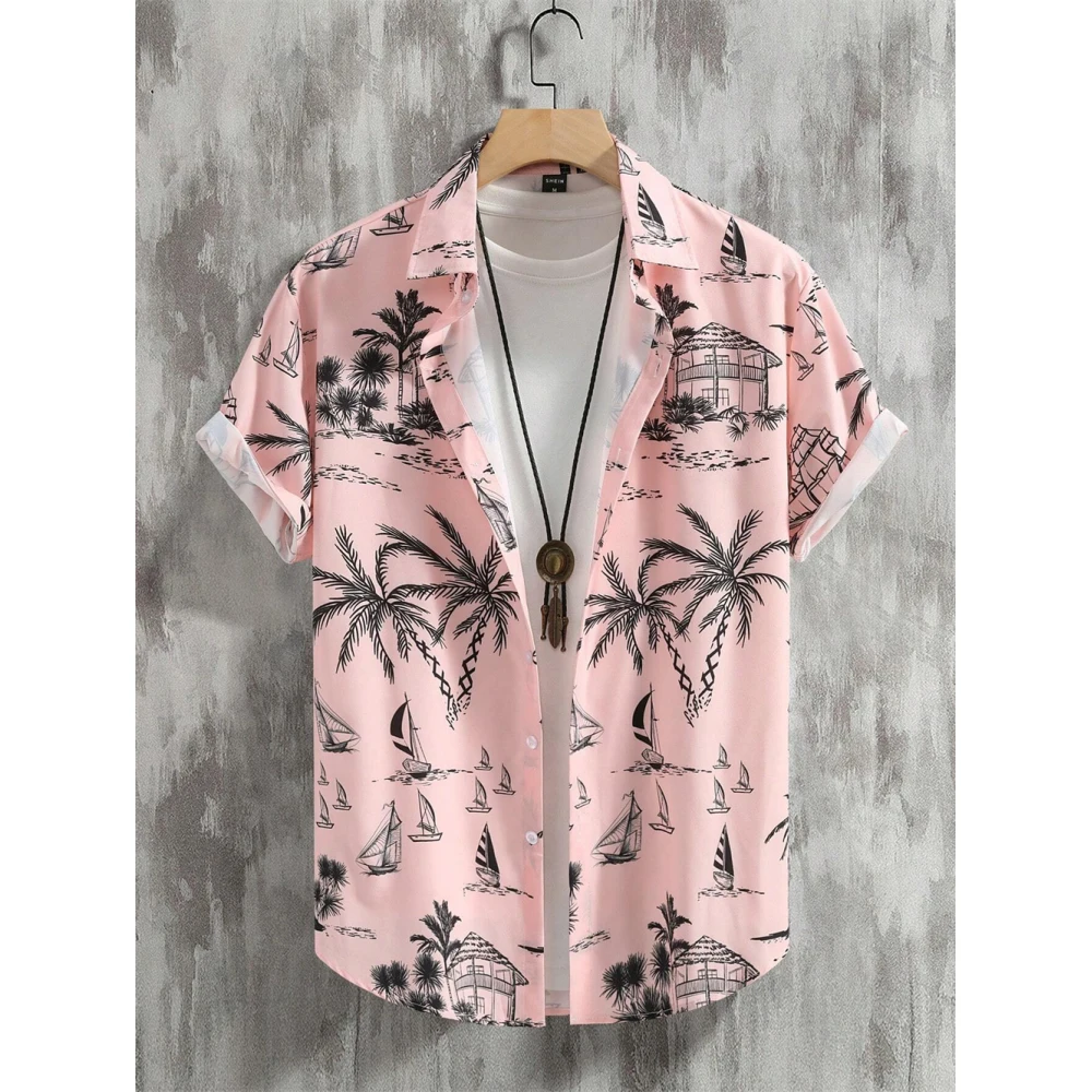 Casual Short Sleeved Shirt Short Sleeved Shirt Button Down Shirt Men's Coconut Tree Graphic Print Short Sleeve Lapel Shirt Tops Men's Casual Button down Shirts Clothing Versatile