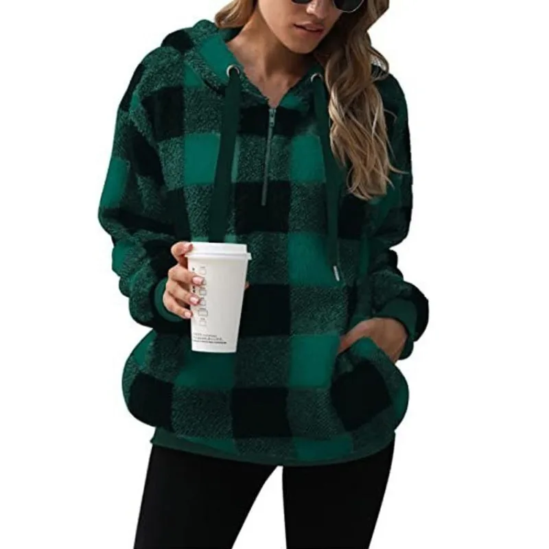 Vintage Plaid Women Velvet Fleece Hoodie Warm Plush Hooded Sweatshirts Loose Zip Up Harajuku Hoodie Women's Sweatshirts Outwear