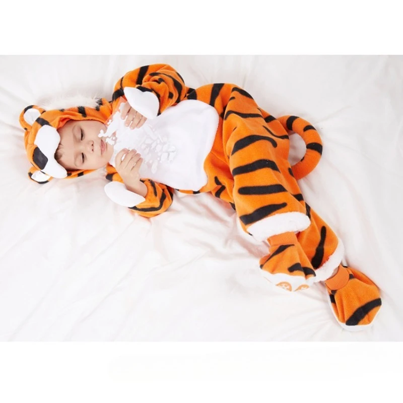 Kids Tiger Costume Plush Animal Onesie with Hooded Hat Children Party Clothes Outfit