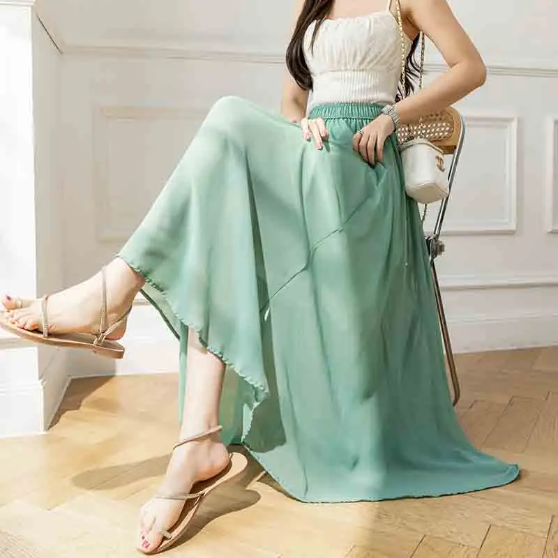 

Elegance Female Skirt Slit Printed Denim Skirt 2023 New High Waist Slimming A-Line Skirt Pleated Chiffon Summer Women Skirt T37