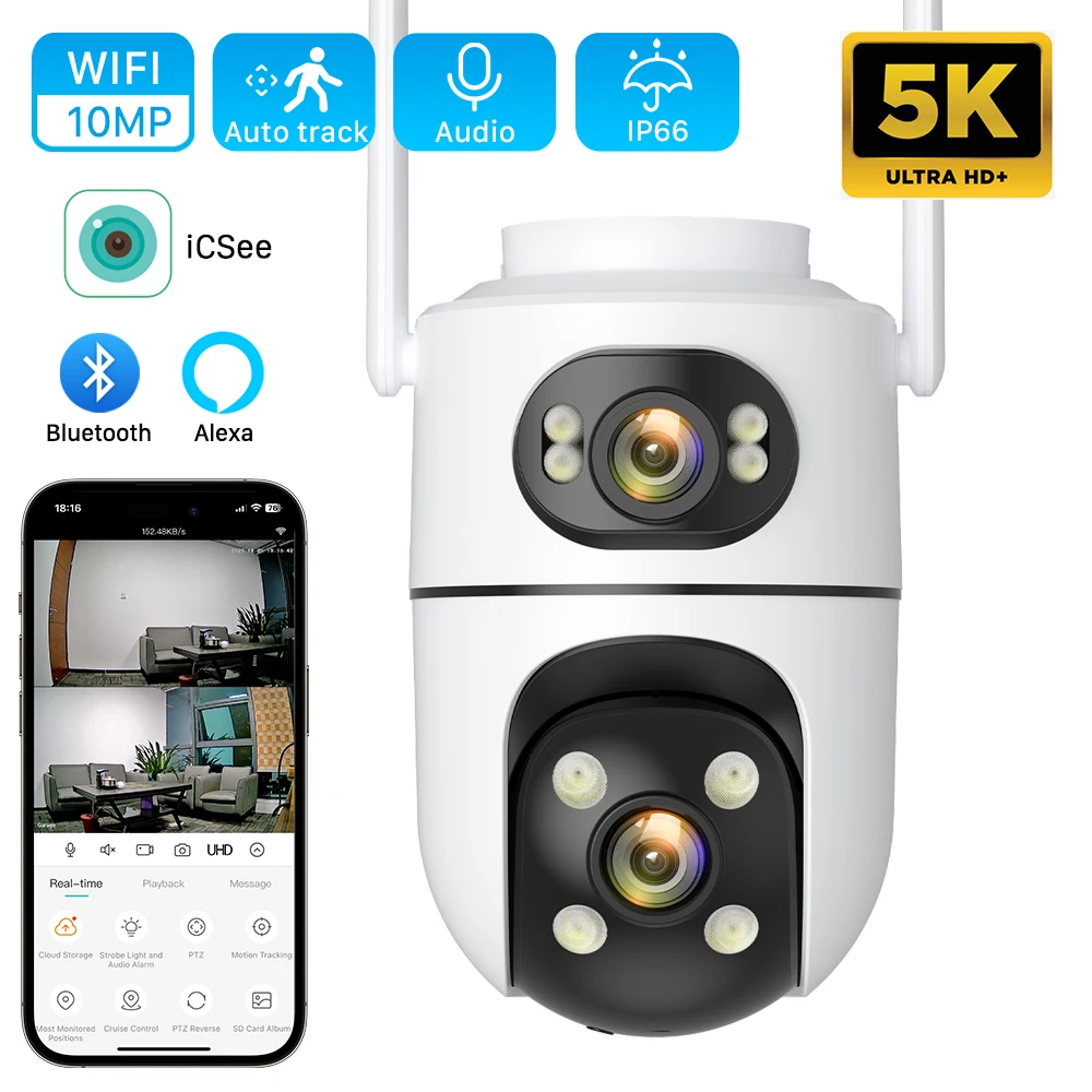 5K 10MP HD Outdoor IP Camera External Wifi PTZ Camera Dual Lens 6MP Auto Tracking Outdoor Security CCTV Surveillance P2P iCsee 5K 10MP HD Outdoor IP Camera External Wifi PTZ Camera Dual Lens 6MP Auto Tracking Outdoor Security CCTV Surveillance P2P iCsee