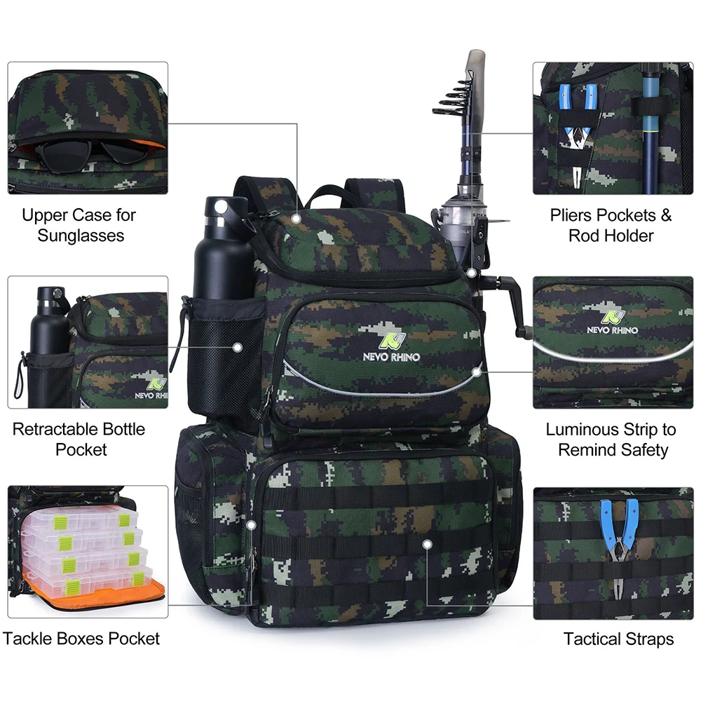 40L NEVO RHINO Oxford Cloth New Outdoor Fishing Backpack Kit Fishing Gear  Bag Multifunctional Backpack Camo BAG With Rain Cover