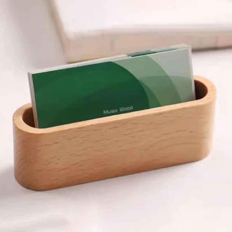 Card Display Stand Wooden Business Card Holder with Pen Slot for Office Desk