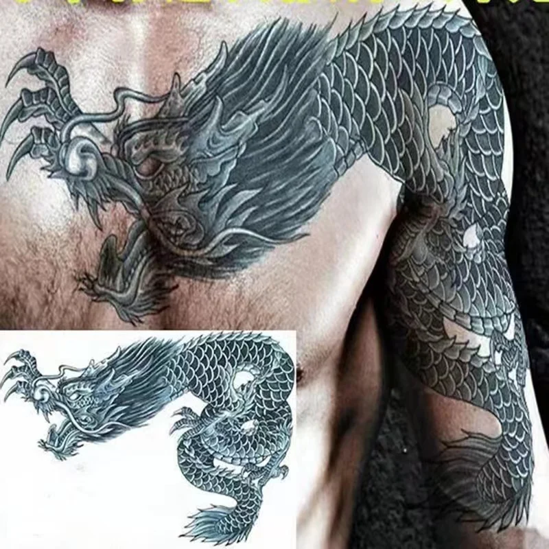 Waterproof Tattoo Sticker Male Half Shoulder Dragon Totem Breastplate Flame Flower Arm Art Fake Tattoo Black Big Size