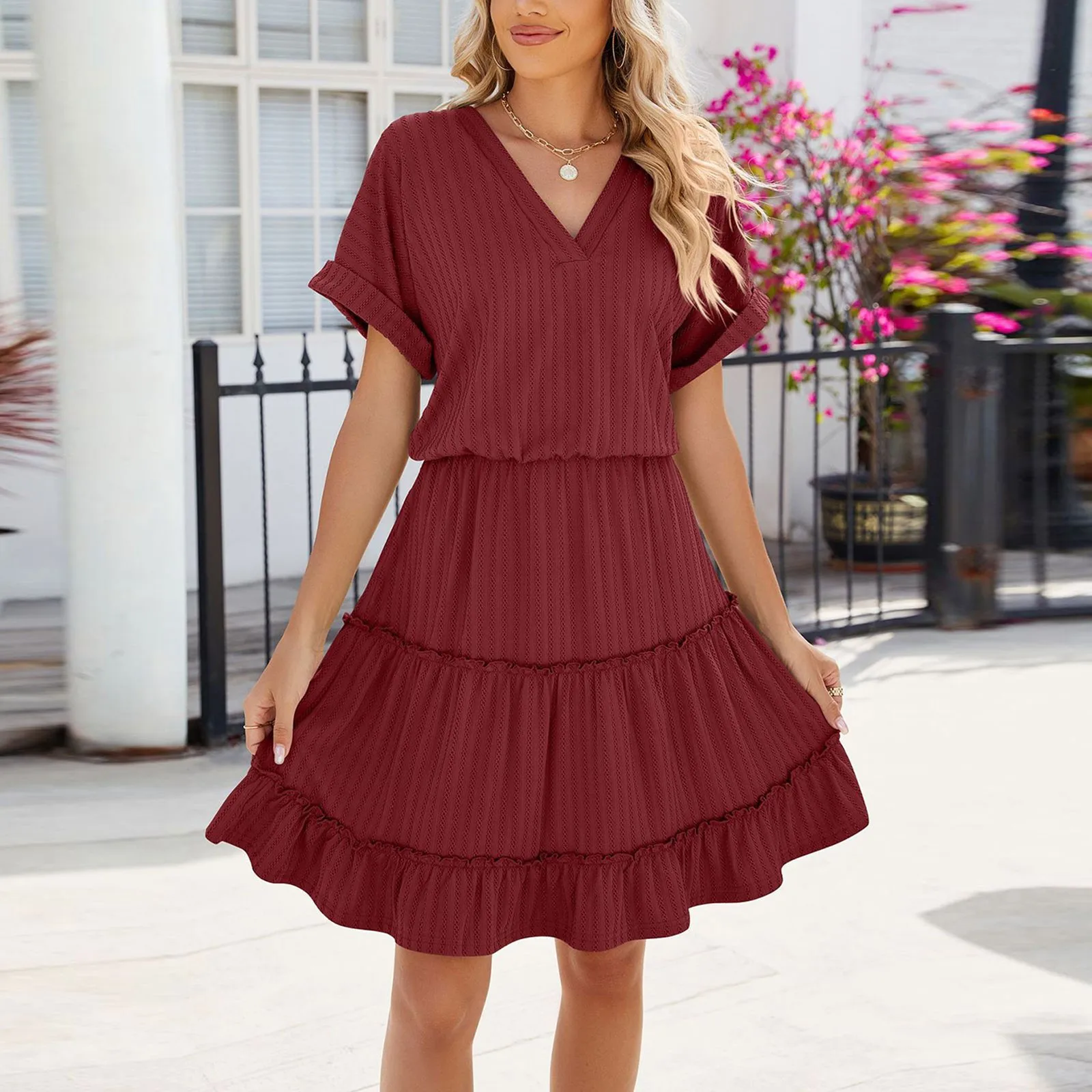 

Summer Ruffled Dresses Female V Neck Sundress Simple Style High Waist Pleated Short Dresses Short Sleeve Solid Dress Robe