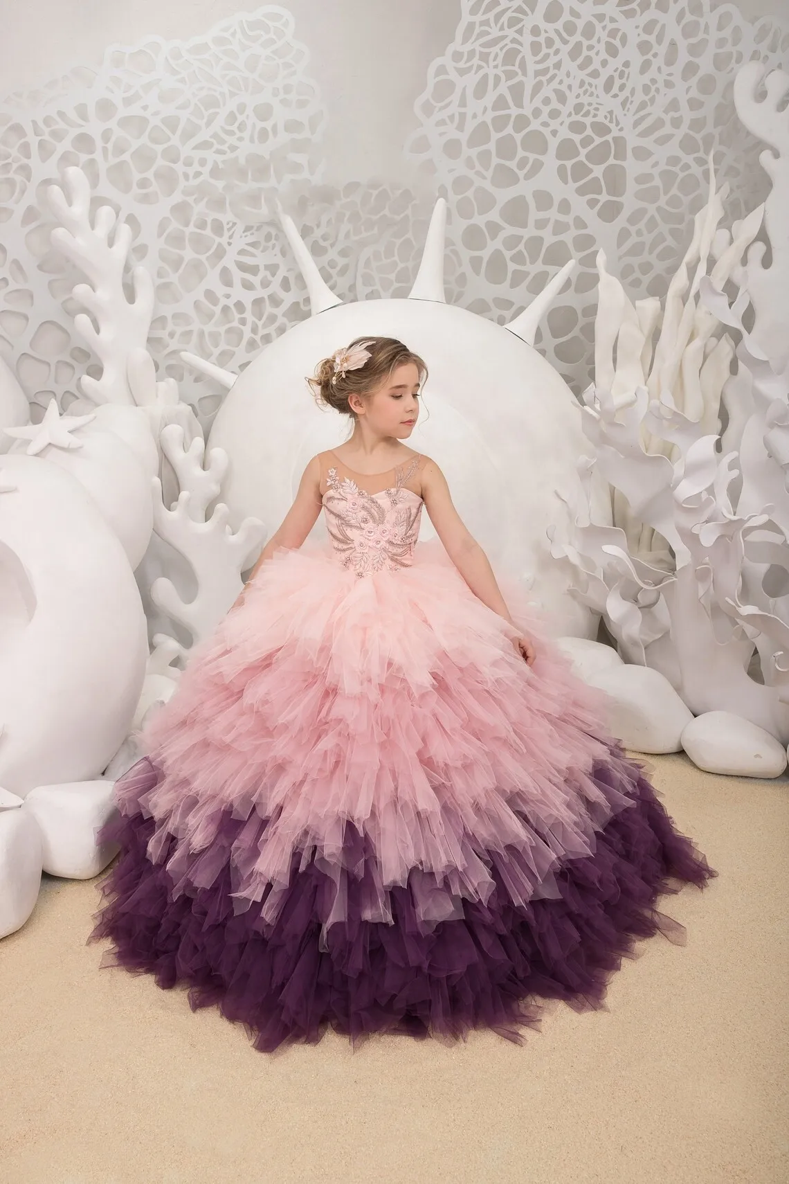 Puffy Long Pink Flower Girl Dresses Tulle Ruffles Applique Sleeveless Wedding Princess Birthday Party First Communion Gowns