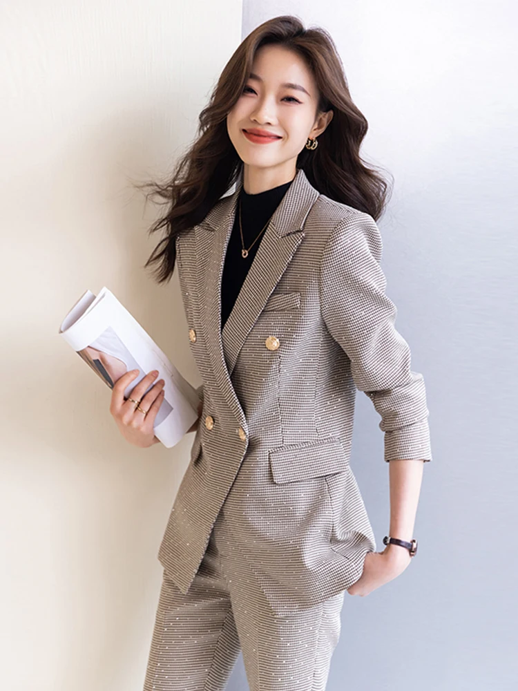 

Office Ladies Two Piece Sets Womens Outifits 2024 Double Breasted Turn Down Collar Blazers Solid Casual Pant Suits