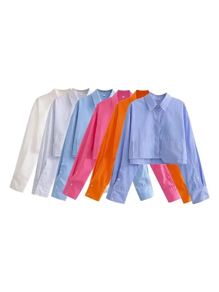 

Women's 2024 New Fashion Double Pocket Decoration Short Casual Versatile Shirt Retro Long Sleeve Button Women's Shirt Unique Top