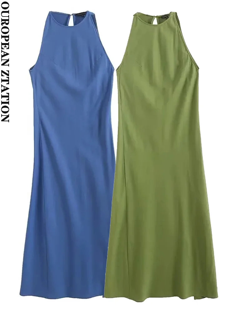 

PAILETE Women 2023 fashion side slit midi skirt vintage sleeveless halter neck female dresses vestidos mujer