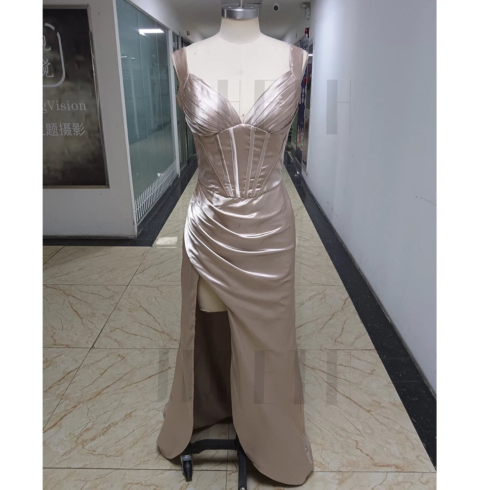 JEHETH Sexy Deep V-Neck Satin Evening Dresses Spaghetti Straps Side Split Backless Pleats Cocktail Party Gowns robes de soirée