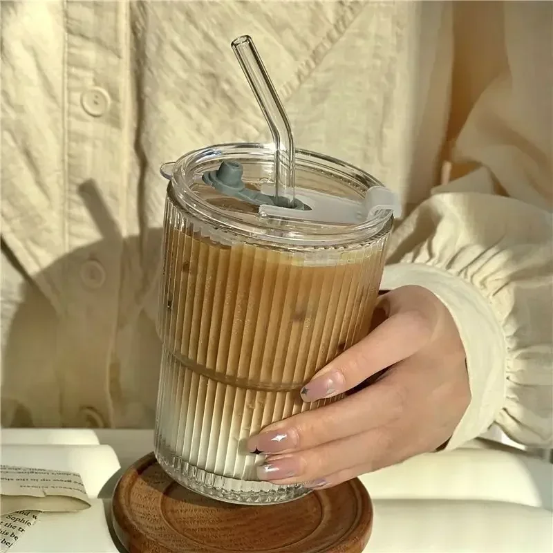 450ml Transparent Glasses Stripe Glass Cup with Lid and Straw Ice Coffee Mug Tea Cup Drinkware Water Bottles Kitchen Accessories