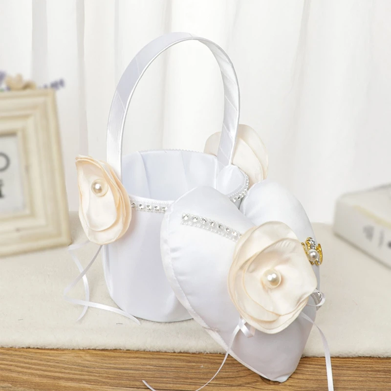 

Ring Bearer Pillow Wedding Flower Girl Basket Pearl Faux Flower White Collection Small Flower Baskets with Handle