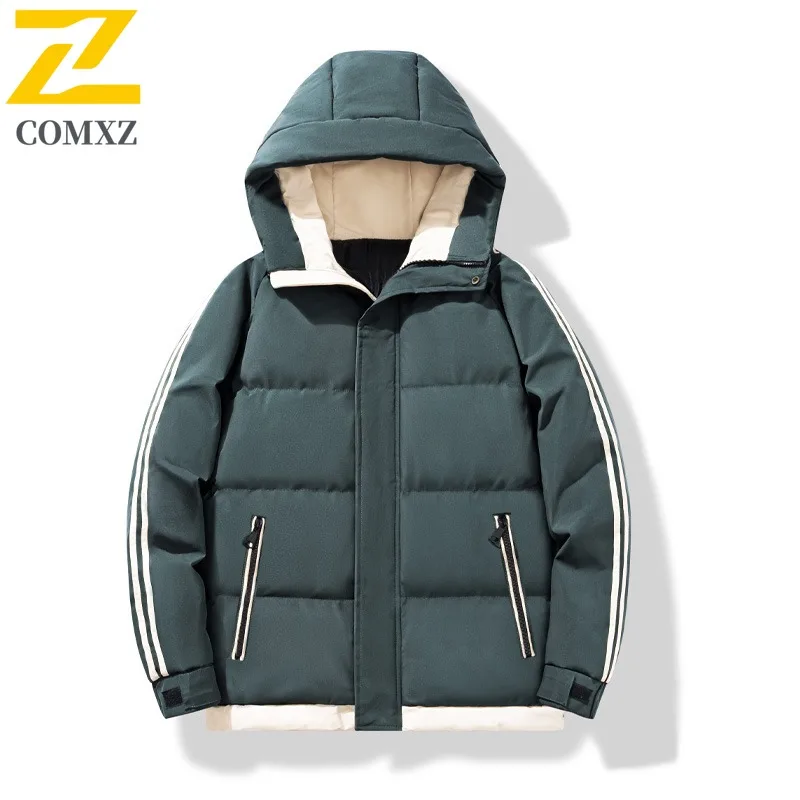 ​Men Down Cotton Jacket Winter American Style Warm Puffer Coat Thickened Fleece Lined Hooded Outerwear Cold Weather​ Windbreaker