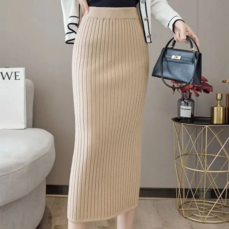 Simplicity Autumn Winter Women Solid Elastic High Waist Korean Fashion Mid-length Slim A-line Bag Hip Knitting Pleated Skirt