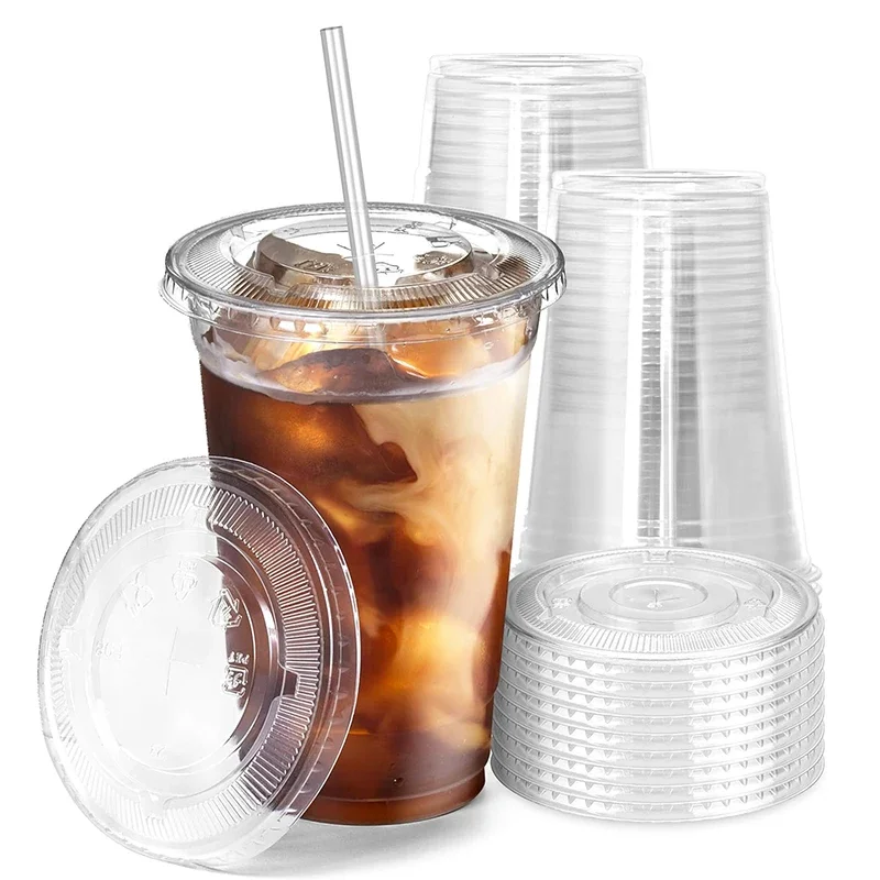 50pcs 12/16OZ Plastic Disposable Cups With Lids Cups For Iced Coffee Smoothie Milkshake Cold Drinks Birthday Party Supplies