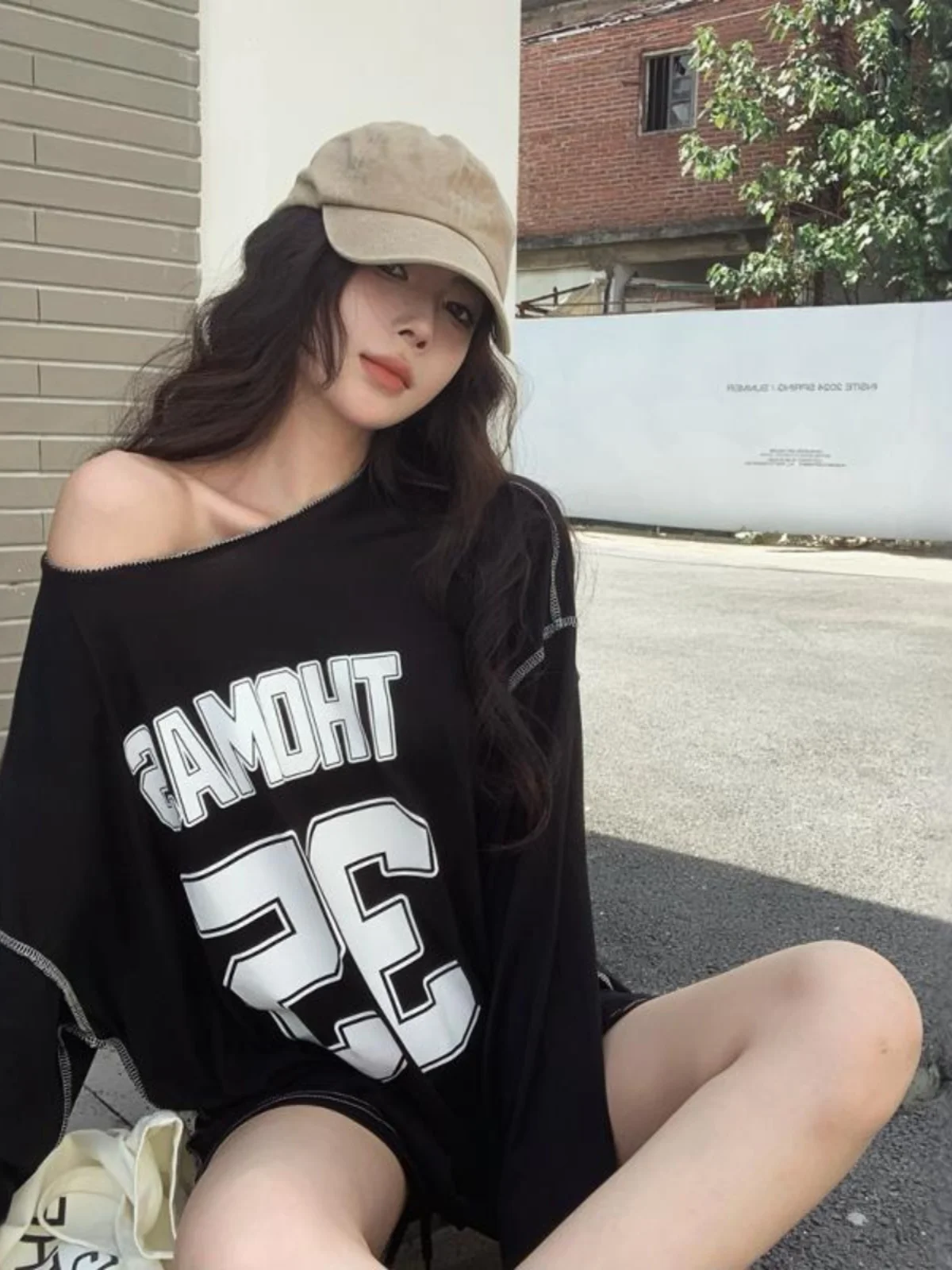 Laid-ba Sle Thin Stitch One-oulder Long Sve T-irt Women Summer 2024 New Print Loose Casual Sun Protection Top