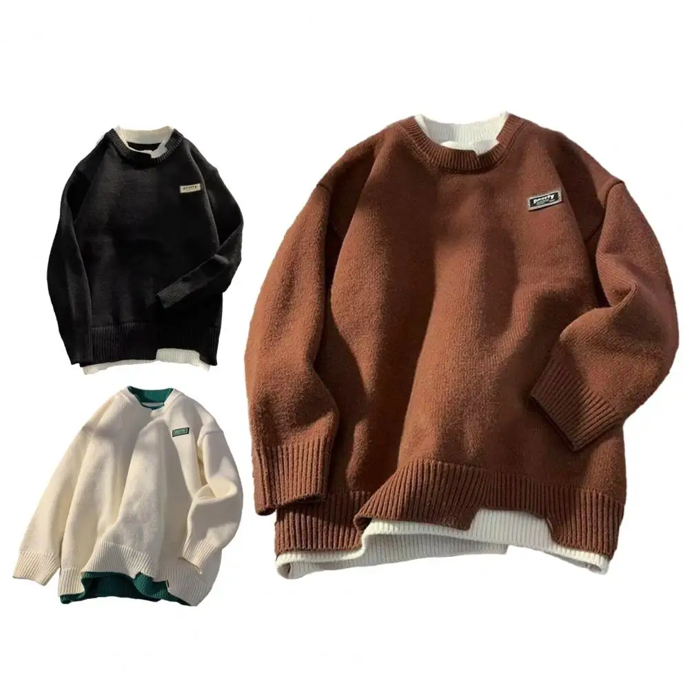Description Picture 2 of itemLong Sleeve Men Sweater Men's Loose Fit O-neck Sweater with Fake Two Pieces Design Thickened Warm Pullover Color Matching
