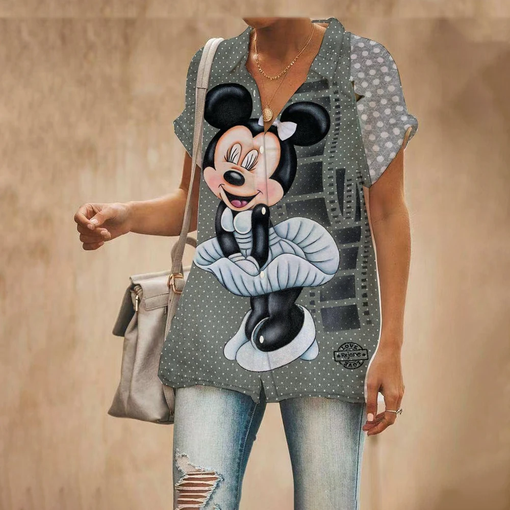 

2022 Spring Summer New Disney Brand Casual Short Sleeve Shirt Mickey Minnie Anime Harajuku Style 3D Print Cute Slim Top y2k
