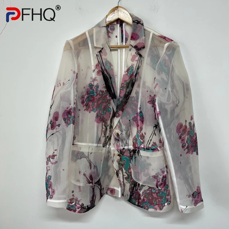 Men Blazers Men's Elegant Plum Blossom Printing Suit Coat Perspective Organza Designer China-Chic Autumn Blazers Coat 21Z2118