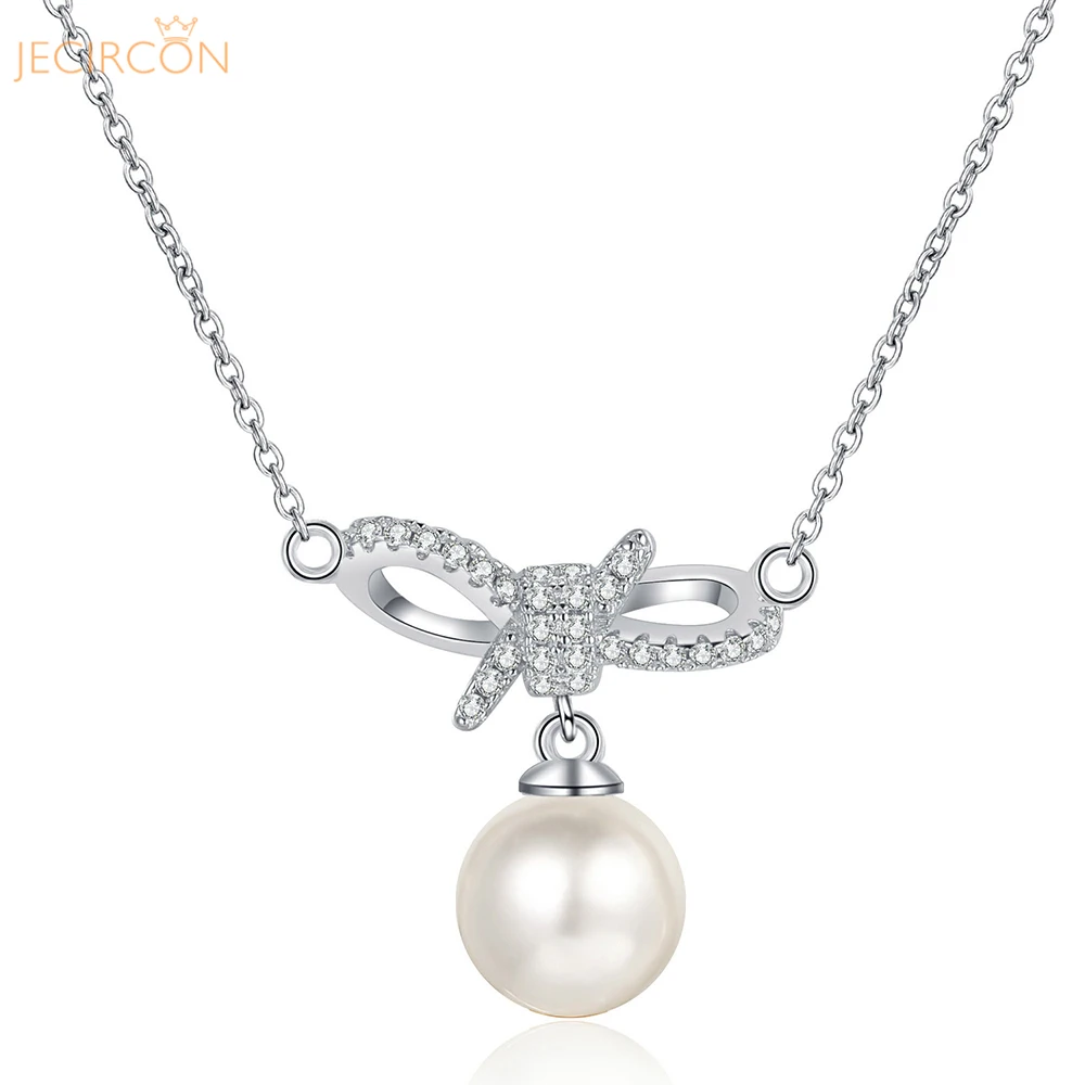 

JECIRCON 925 Sterling Silver Moissanite Pearl Necklace for Women Bowknot Sweet Pendant Clavicle Chain Simple Versatile Jewelry