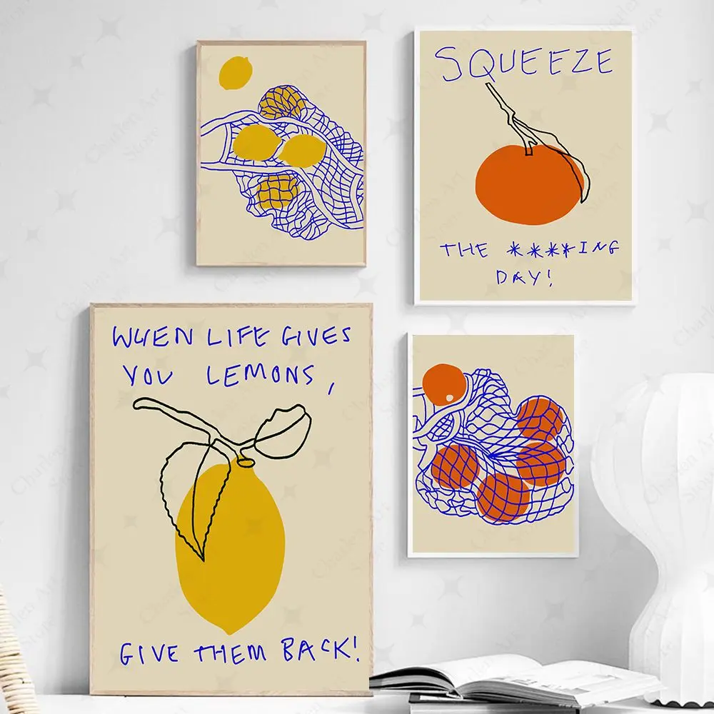 Lemon In Bag Poster Orange Print Fruit In Net Food Poster Colorful Mid Century Kitchen Wall Art Canvas Painting Room Wall Decor