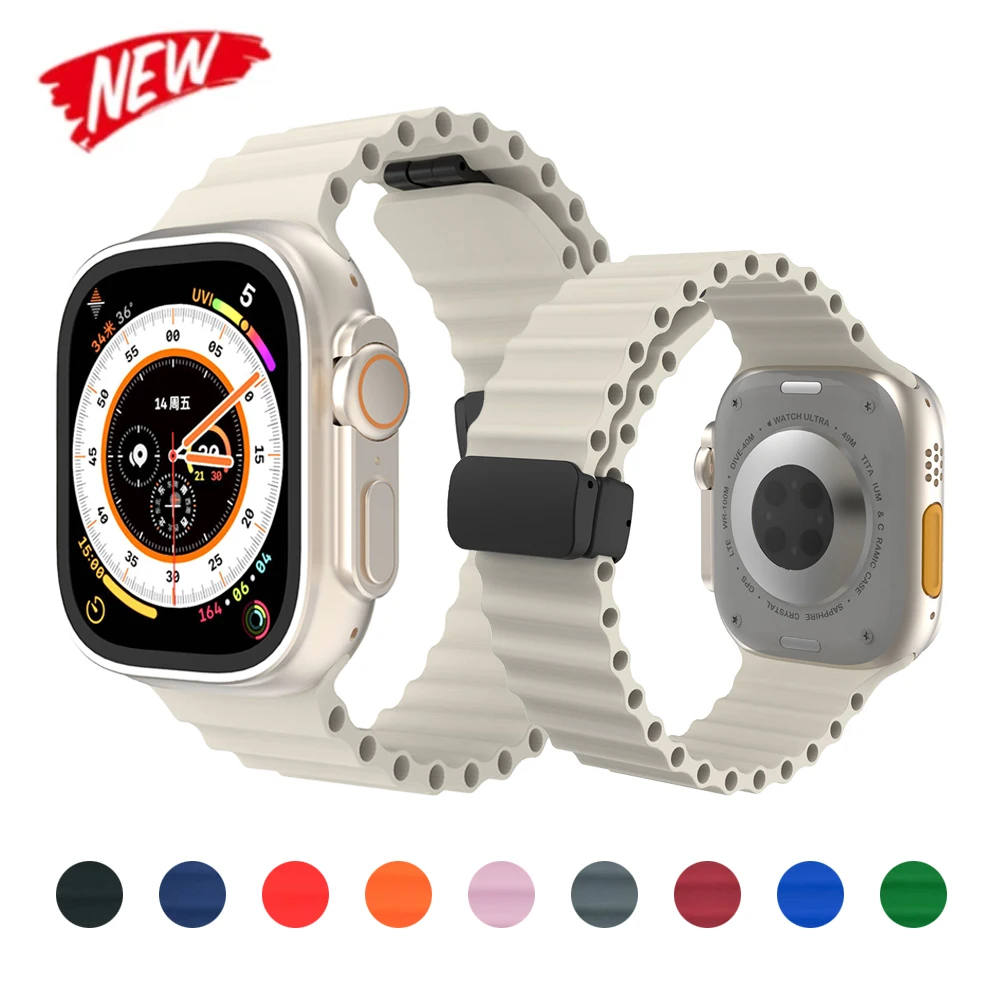 애플 워치 밴드용 마그네틱 버클 스트랩, 울트라 2, 49mm, 45mm, 44mm, 40mm, 41mm, 38mm, 42mm 실리콘 팔찌, 아이워치 시리즈 9, 8, 7, 6, 4, SE