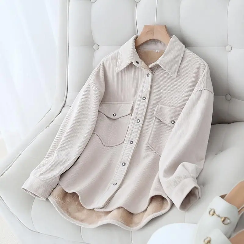 

Autumn and Winter New One Piece Plush Thickened Soft Corduroy Shirt Women's Casual Korean Edition Underlay Loose and Warm Shirt