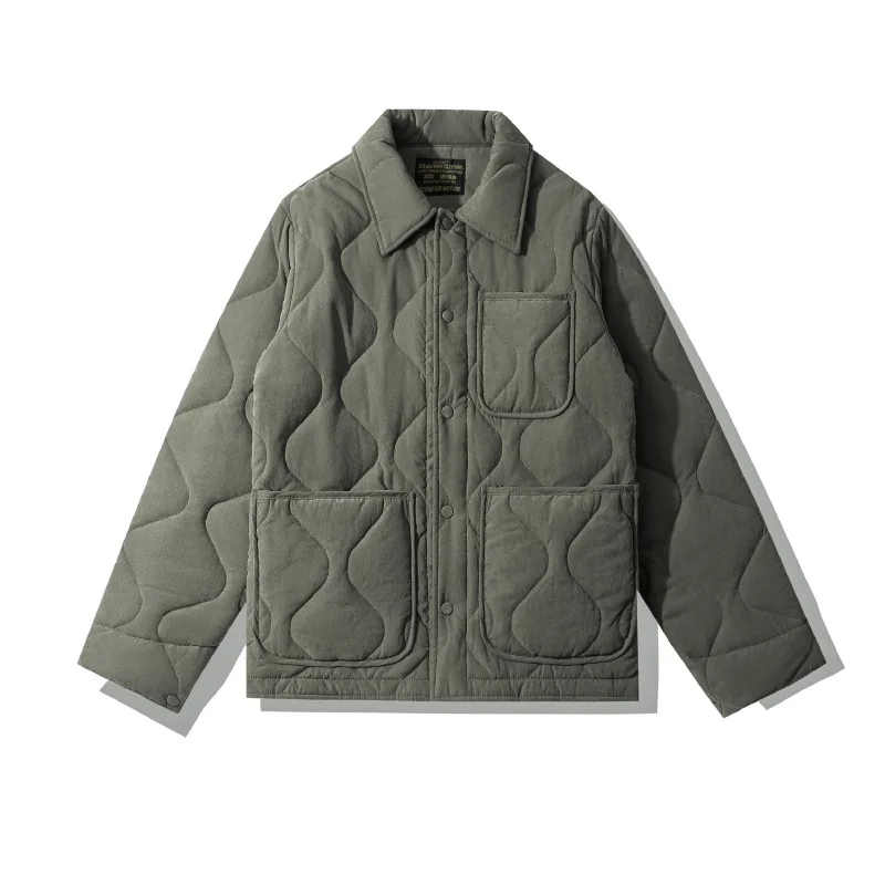 OKONKWO Cotton Collar Warm Jacket Retro Plus Cotton Quilted Gourd Grid Coat Outdoor Trekking Hiking Travel Blazer Cargo Overcoat