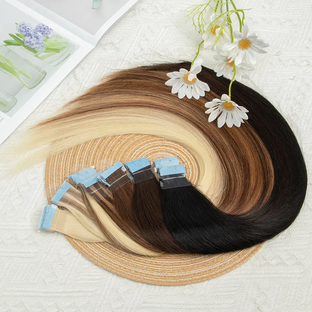12-24 스트레이트 테이프 인 휴먼 헤어 익스텐션 10개입  투명 미니 테이프 인 헤어 익스텐션 고품질 글루온 살롱 퀄리티