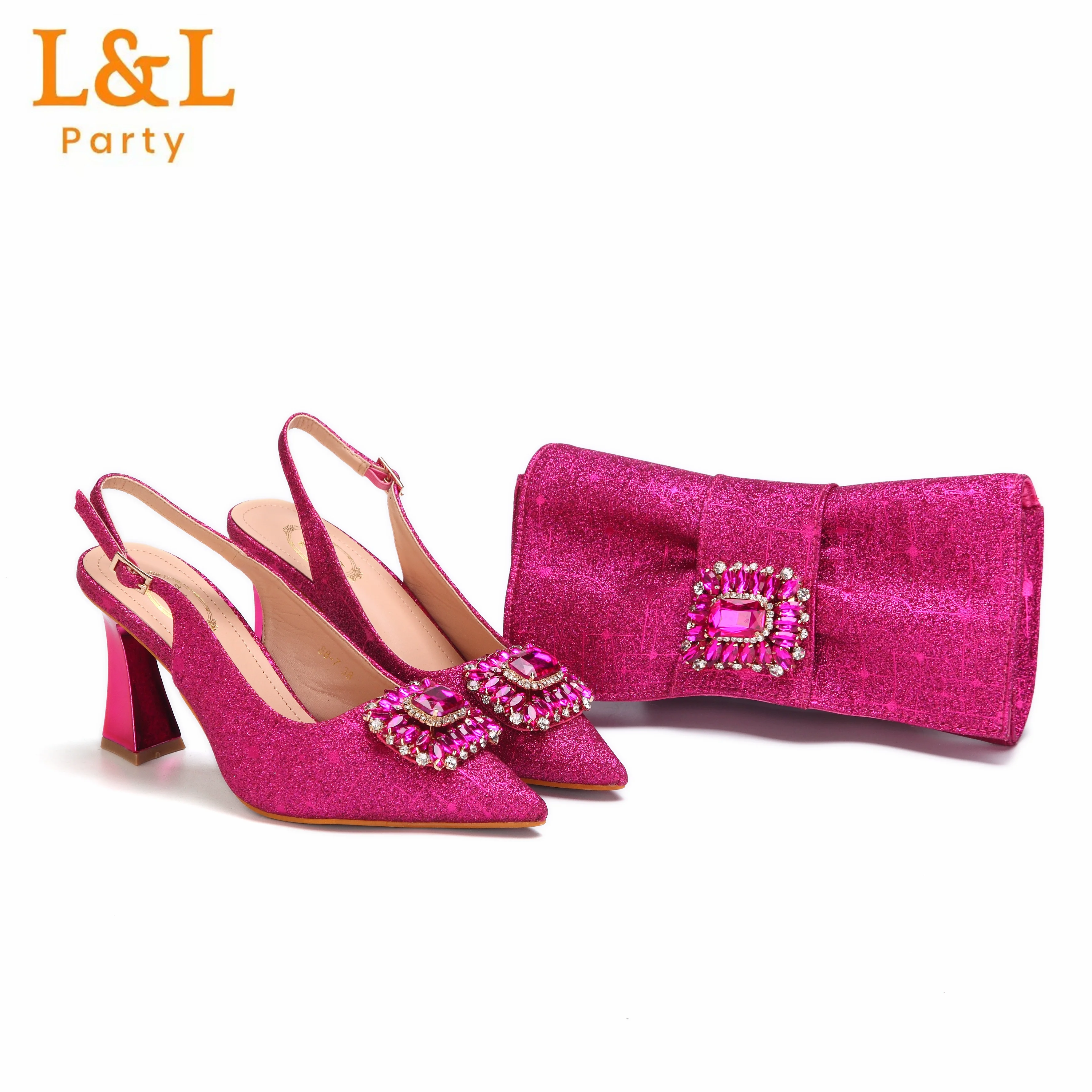 

Fuchsia Color Nigerian Women Ladies Italian Design Fuchsia Shoes And Bag Set Decorated with Rhinestone Handbag Wedding Party