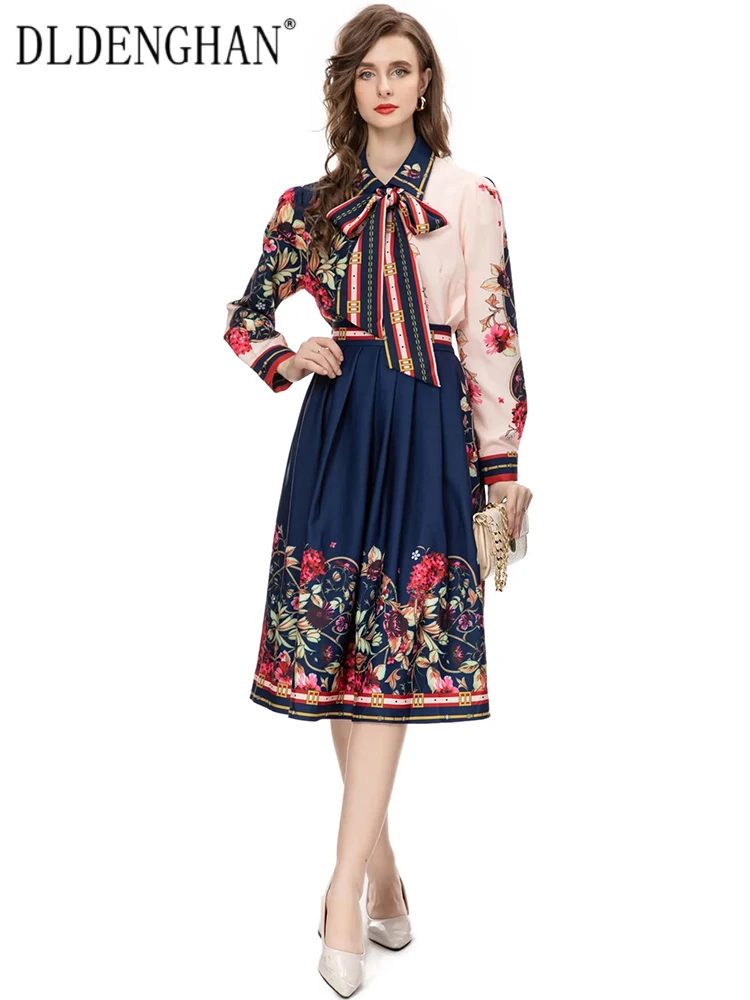 

DLDENGHAN Autumn Flower Print Suit Women Lace-up Single Breasted Shirt + Skirt Vintage Two-Piece Set Fashion Designer New