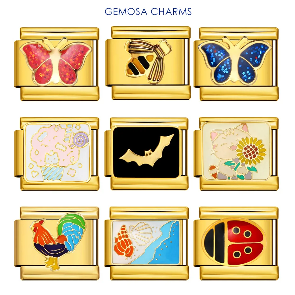 GEMOSA 9mm Alle Gold Farbe Mode Tier Serie Conch Biene Sonnenblume Katze Italienischen Schmuck Edelstahl Charms Link Armband DIY – Detail 1