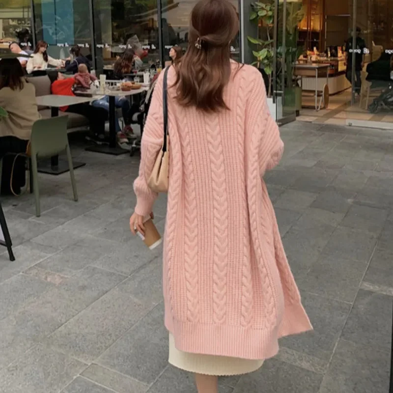 Women Knitted Cardigan Sweater V Neck Loose Long Jacket