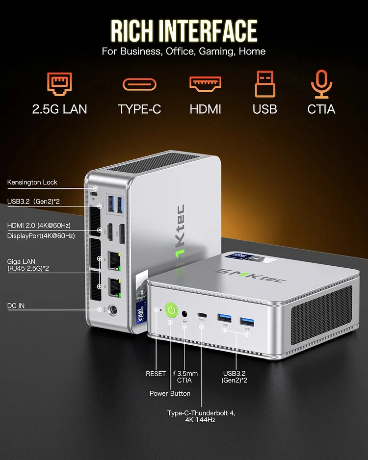 GMKtec ̴ PC Ʈ 5 125H WINS 11, DDR5 5600Mhz NVME SSD, PCIE 4.0,  6, BT5.2, RJ45 LAN * 2, CŸ-Ʈ 4 ũ ̴ PC,