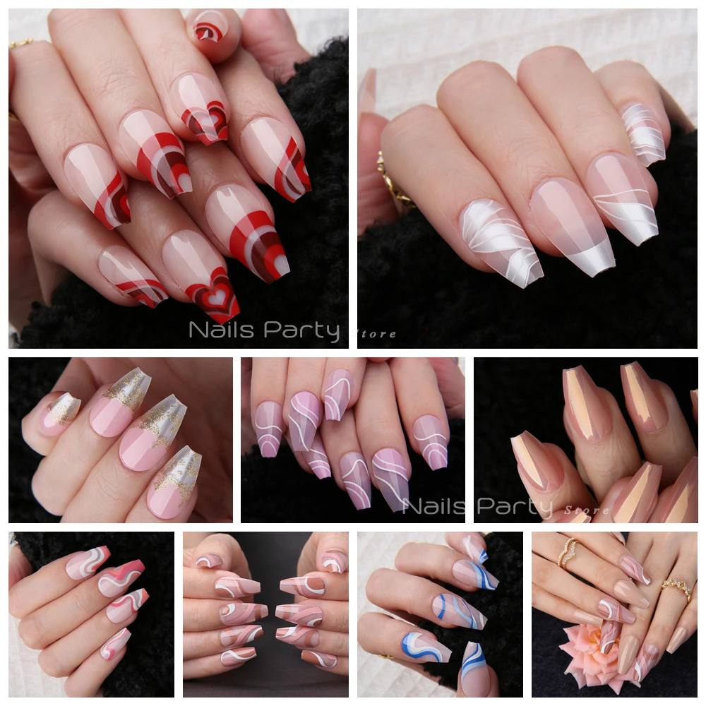 Nude Sparkle nails Manicure Medium Coffin Press On Nails Reuse Glossy Chrome Fake Nails Ballet Gel Solid  Acrylic Nail Art Tips