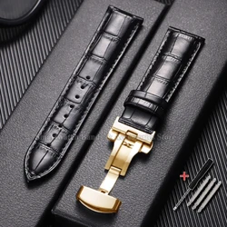 Premium Waterproof Cowhide Leather Watch Strap with Metal Butterfly Buckle - 17mm (Black - Gold)