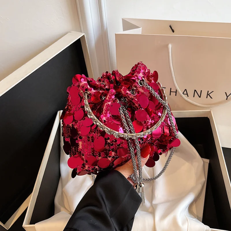 Sequin Glitter Bucket Bags for Women 2024 New Chain Party Luxury Handbag Individuality Fashion Evening Small Shoulder Bag Woman